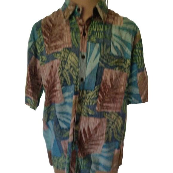 Koa Road Men's Hawaiian Leaf Primt Shirt Greens&Browns Pocket Match Fabric Sz XL - Picture 2 of 7